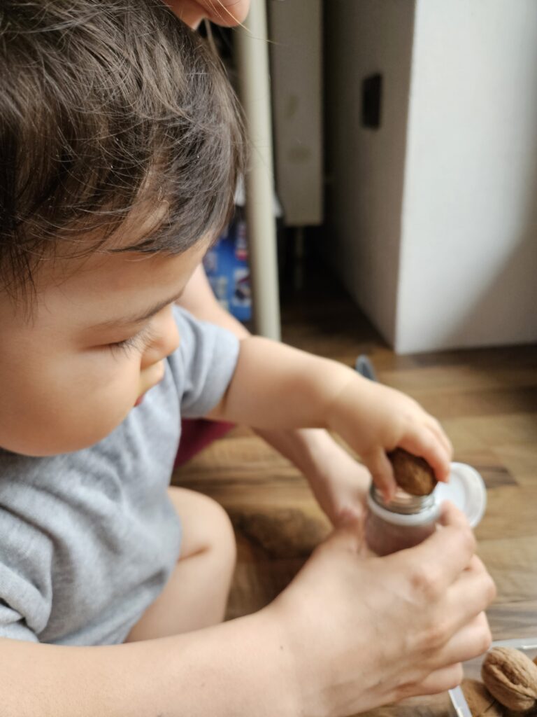 Luca putting walnuts into the sound sensory bottle