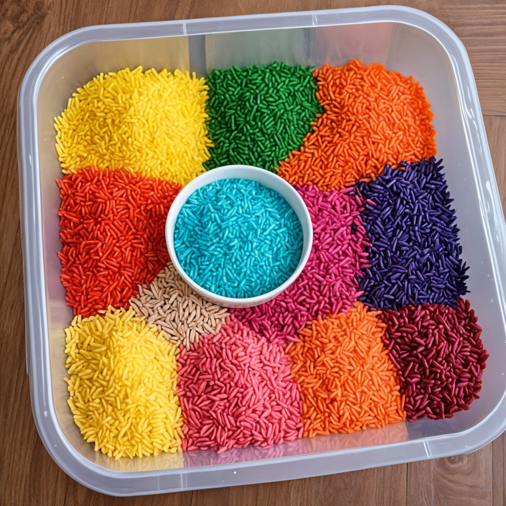 color sensory bin with rice